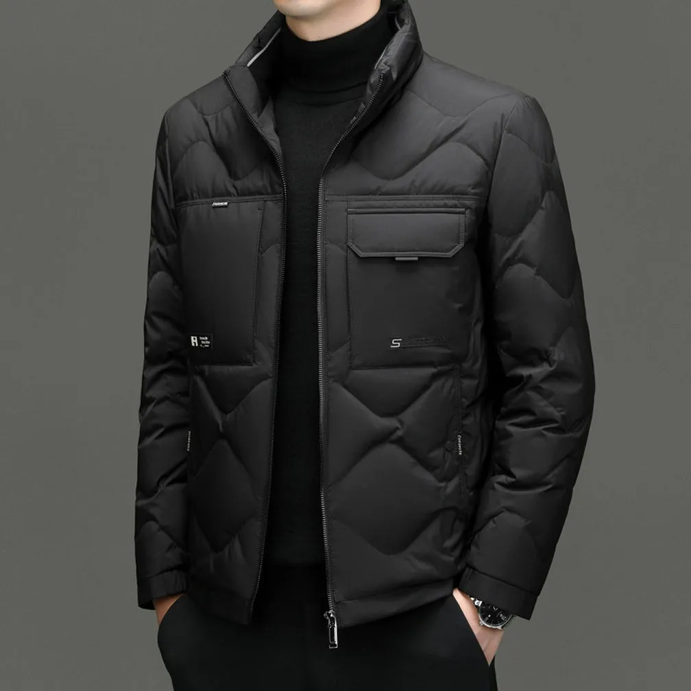 Easy-to-Clean Solid Color Puffer Jacket Featuring Label Detailing