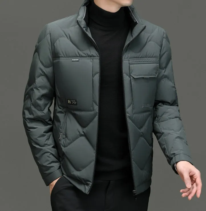 Easy-to-Clean Solid Color Puffer Jacket Featuring Label Detailing