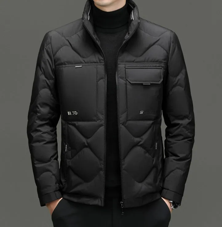 Easy-to-Clean Solid Color Puffer Jacket Featuring Label Detailing