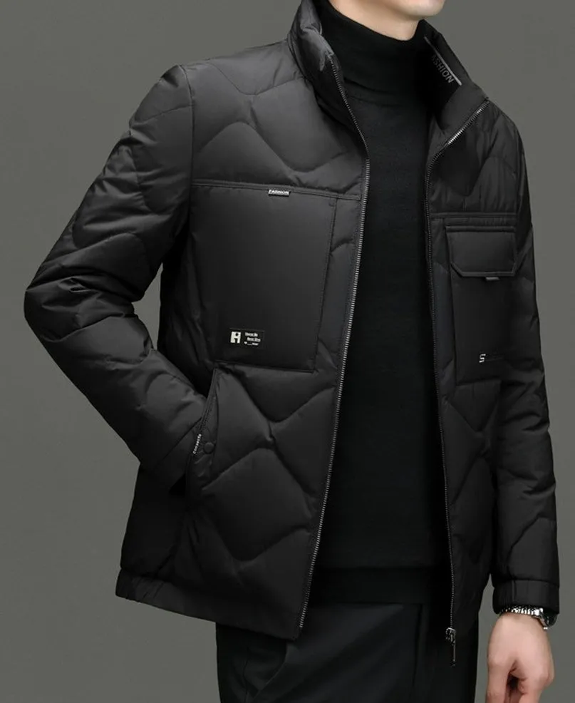 Easy-to-Clean Solid Color Puffer Jacket Featuring Label Detailing