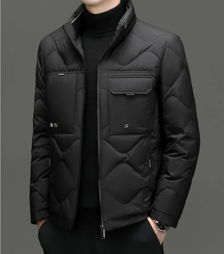 Easy-to-Clean Solid Color Puffer Jacket Featuring Label Detailing