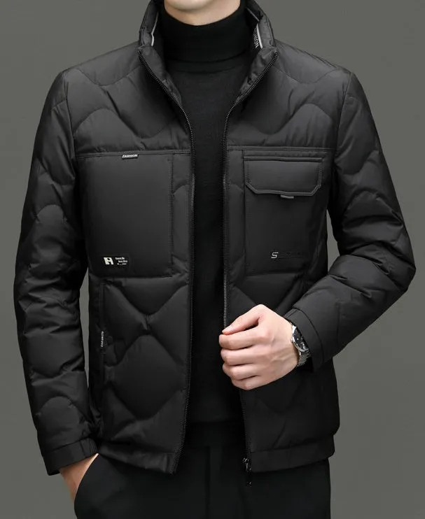 Easy-to-Clean Solid Color Puffer Jacket Featuring Label Detailing