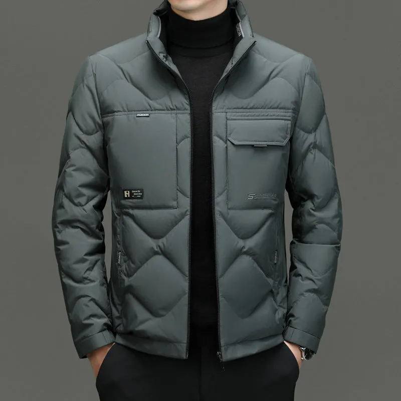 Easy-to-Clean Solid Color Puffer Jacket Featuring Label Detailing