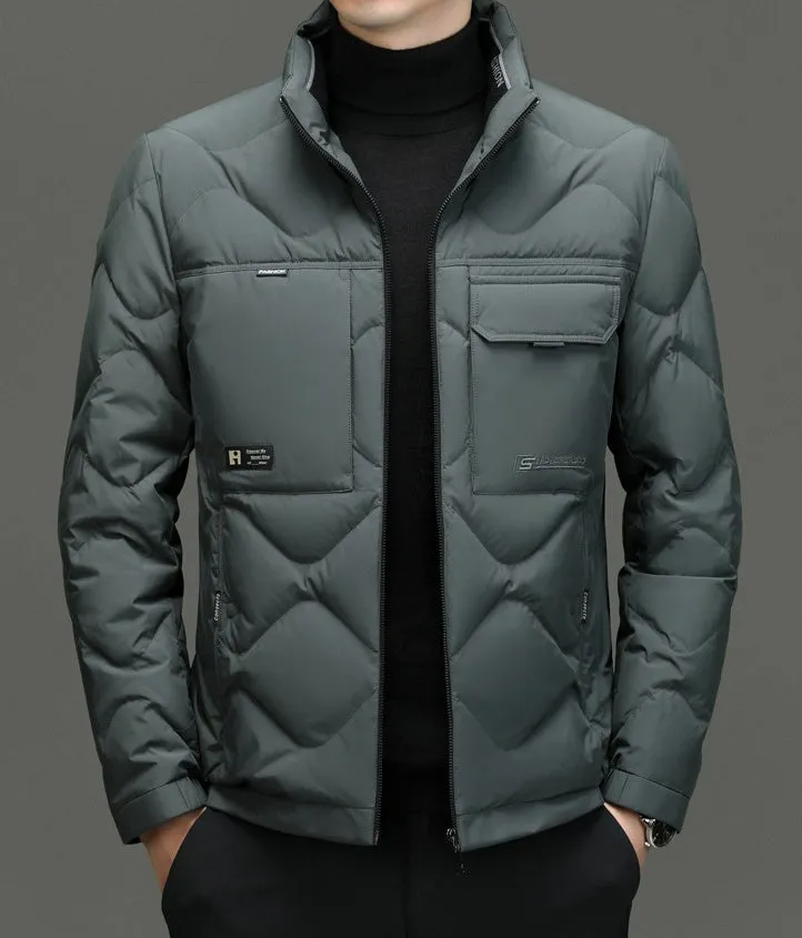 Easy-to-Clean Solid Color Puffer Jacket Featuring Label Detailing