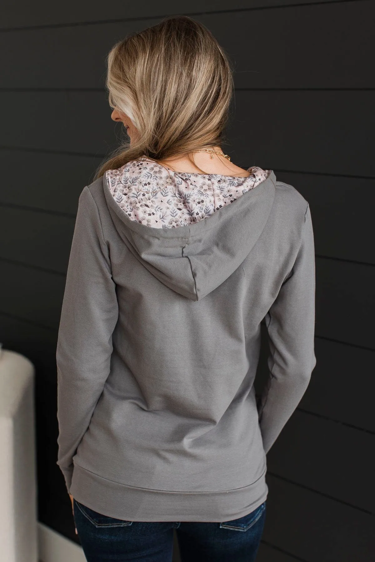 Easy To Love Quarter Zip Hoodie- Grey Floral