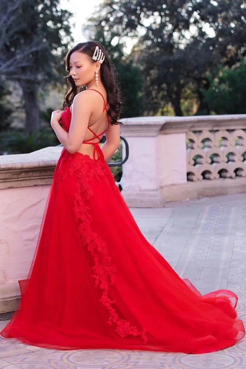 Elegant Backless Red Lace Long Prom Dress with Train, Red Lace Formal Dress, Red Evening Dress