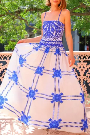 Elegant Geometric Print Contrast Square Neck Long Dresses