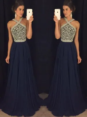 Elegant Halter Neck Dark Blue Long Prom Dress, Royal Blue Formal Dress, Graduation Dress