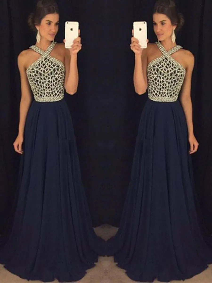 Elegant Halter Neck Dark Blue Long Prom Dress, Royal Blue Formal Dress, Graduation Dress