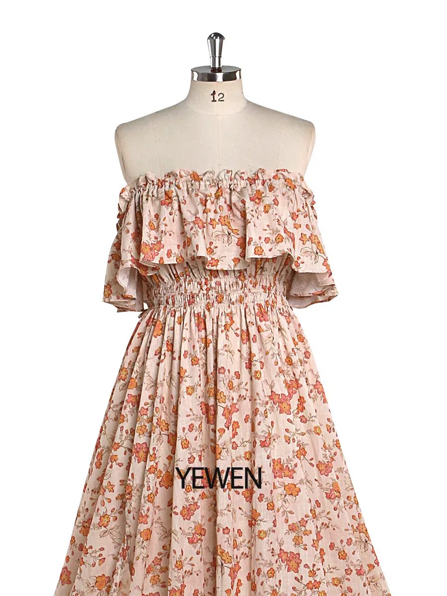 Elegant Off Shoulder Cotton Floral Print Woman Maxi Dress Boho Beach Gown Fancy Photography Props