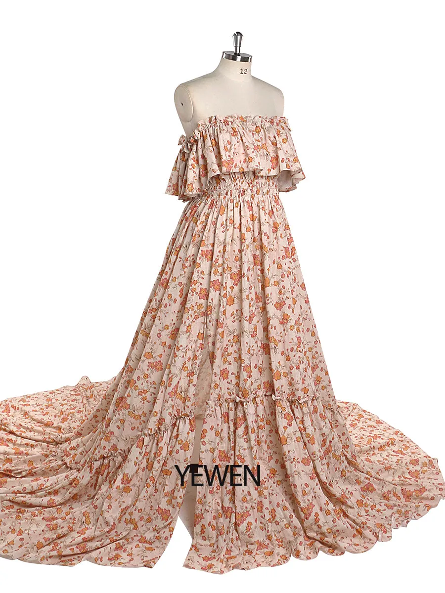 Elegant Off Shoulder Cotton Floral Print Woman Maxi Dress Boho Beach Gown Fancy Photography Props