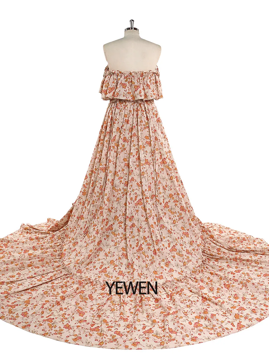 Elegant Off Shoulder Cotton Floral Print Woman Maxi Dress Boho Beach Gown Fancy Photography Props