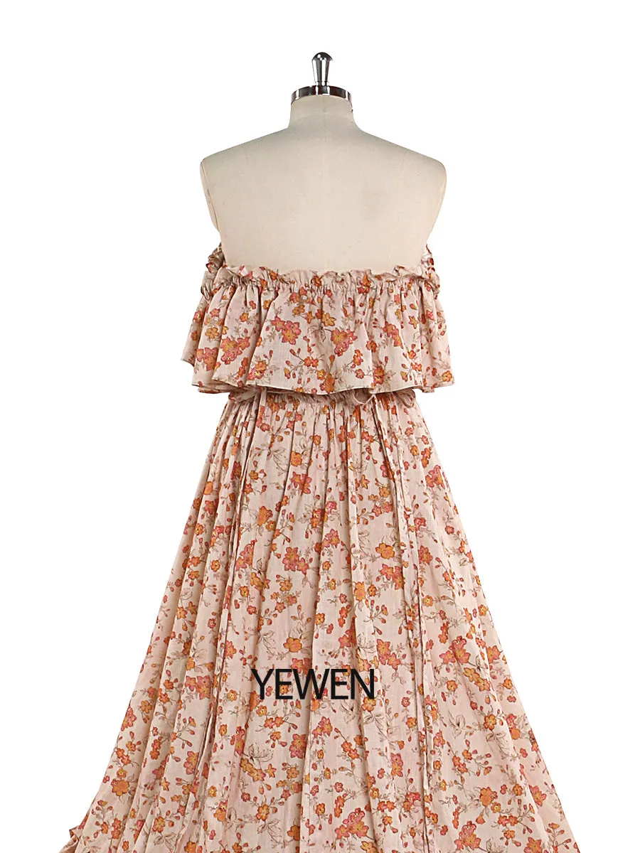 Elegant Off Shoulder Cotton Floral Print Woman Maxi Dress Boho Beach Gown Fancy Photography Props