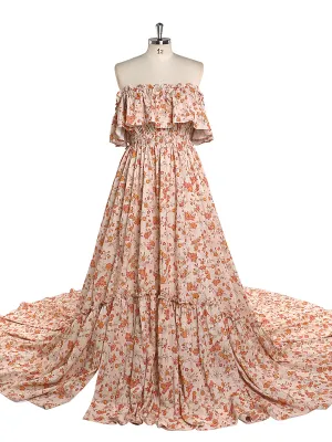 Elegant Off Shoulder Cotton Floral Print Woman Maxi Dress Boho Beach Gown Fancy Photography Props