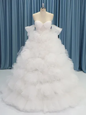 Elegant Off the Shoulder Tiered Tulle Flower Wedding Dresses wiht Round Hem YW230521-1