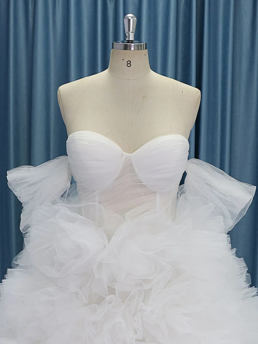 Elegant Off the Shoulder Tiered Tulle Flower Wedding Dresses wiht Round Hem YW230521-1