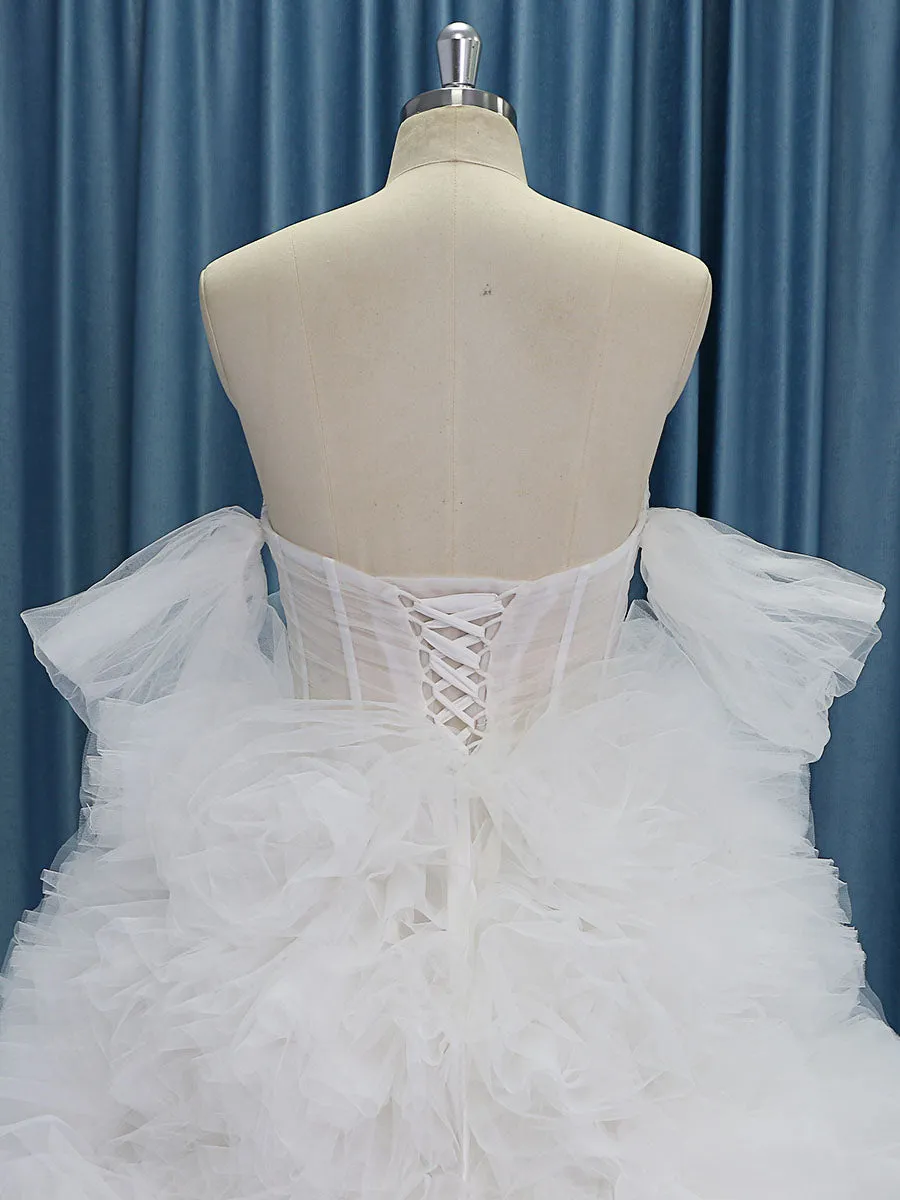 Elegant Off the Shoulder Tiered Tulle Flower Wedding Dresses wiht Round Hem YW230521-1