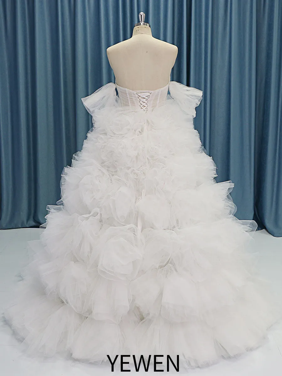 Elegant Off the Shoulder Tiered Tulle Flower Wedding Dresses wiht Round Hem YW230521-1