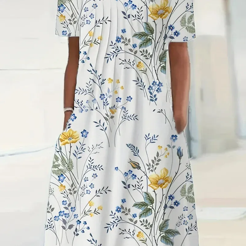 Elegant Spring Summer Round Neck Printed Floral Dress