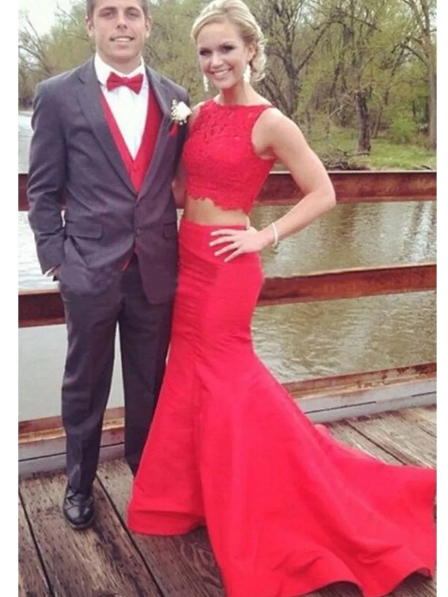 Elegant Two Pieces Mermaid Lace Red Prom Dress with Sweep Train, 2 Pieces Mermaid Formal Dress