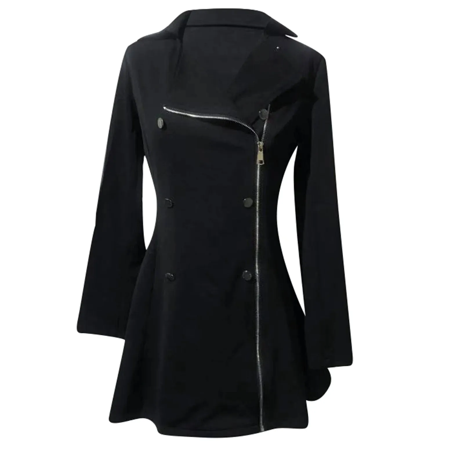 Elegant Women Black Slim Trench Coats Autumn Fashion Side Zipper Lapel Double Breasted Slim A-Line Mini Dress Commute Overcoats