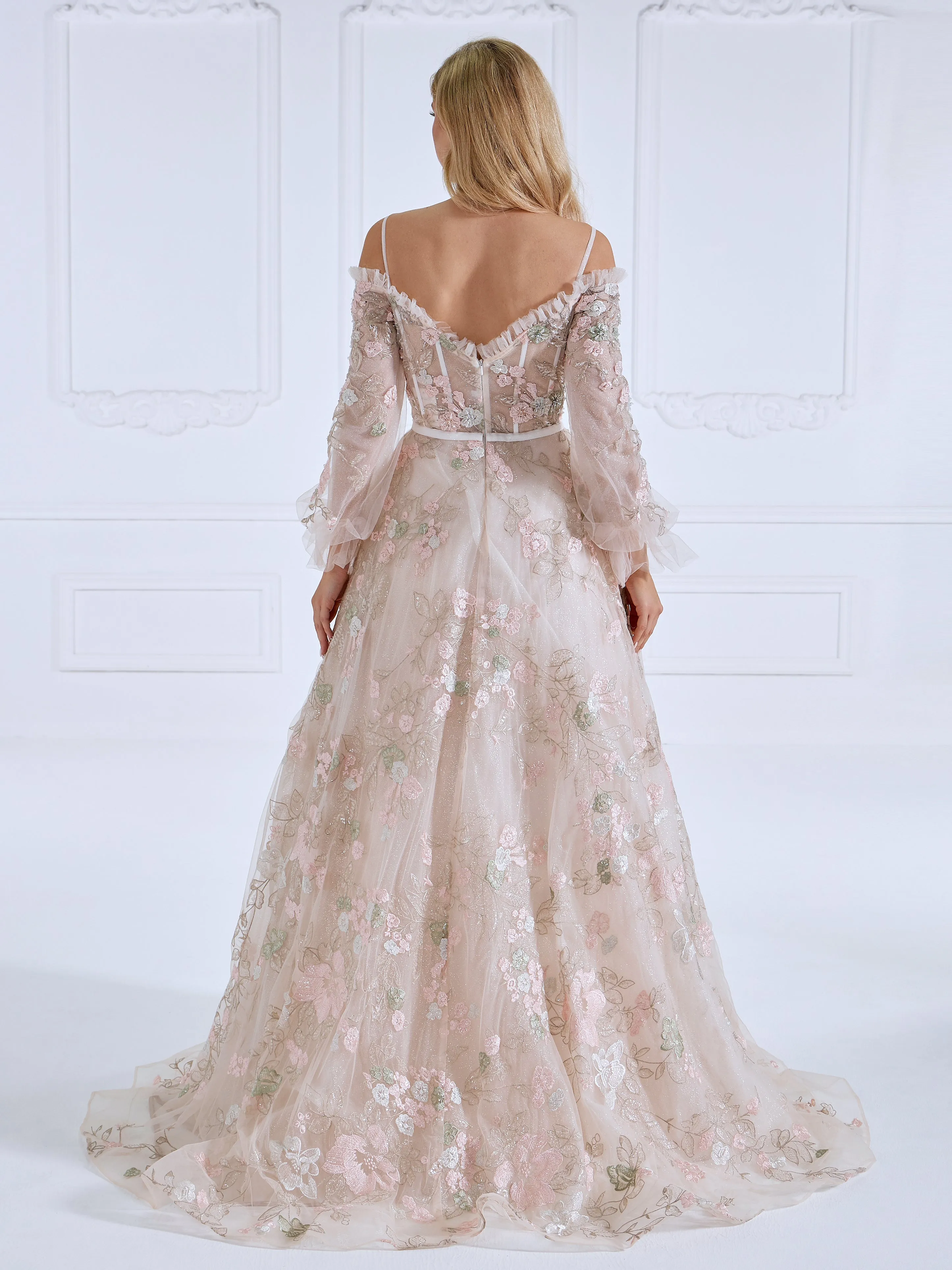 Embroidery Lace Bodice Long Sleeves Prom Dress #js090