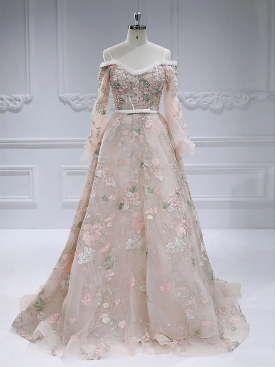 Embroidery Lace Bodice Long Sleeves Prom Dress #js090