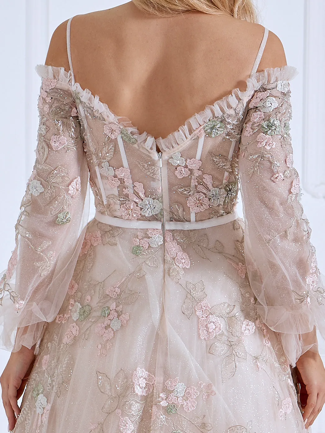 Embroidery Lace Bodice Long Sleeves Prom Dress #js090