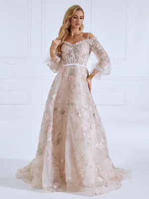 Embroidery Lace Bodice Long Sleeves Prom Dress #js090