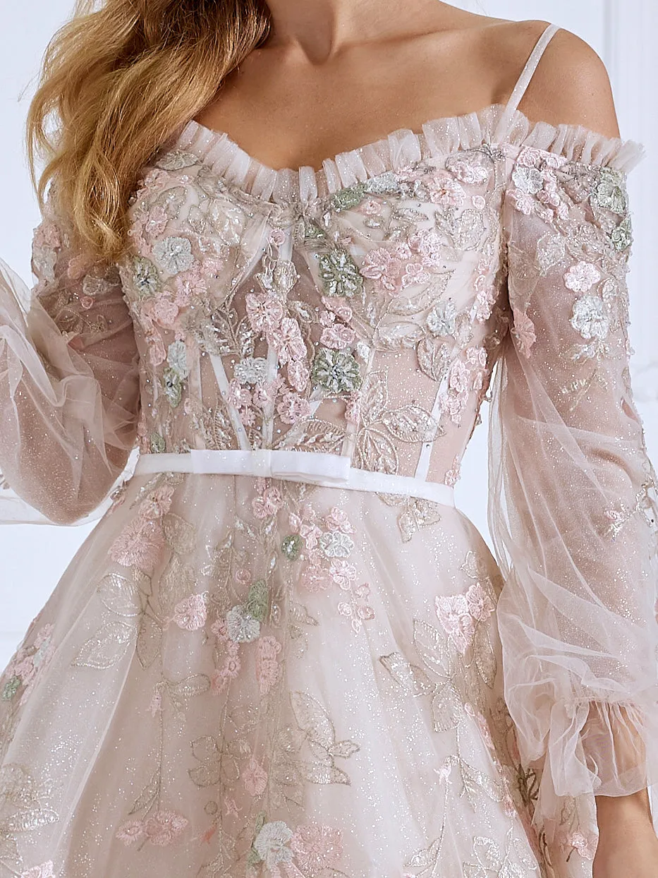 Embroidery Lace Bodice Long Sleeves Prom Dress #js090