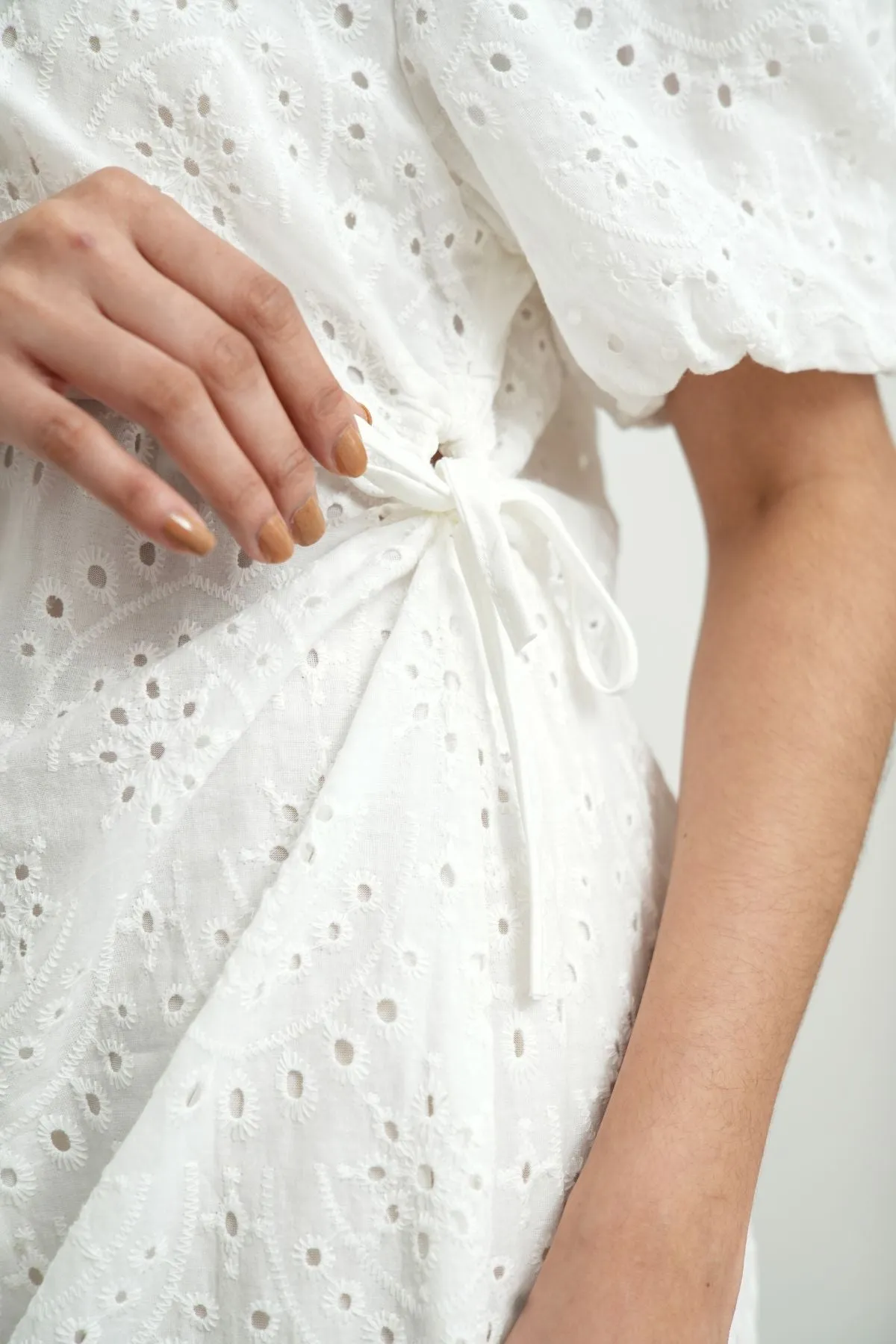 EMMELINE Puff-Sleeve Cut-out Broderie Midi Dress (White)