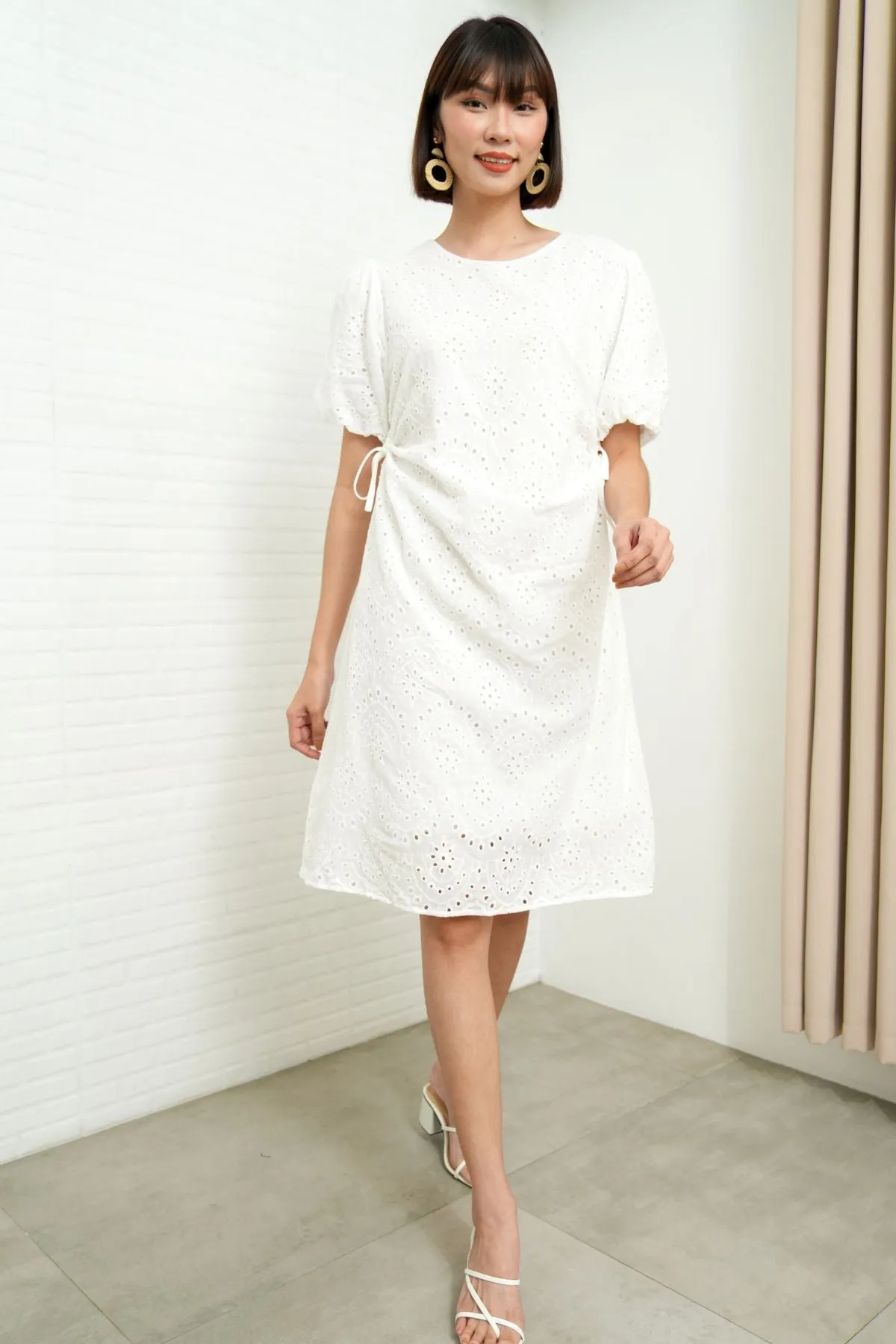 EMMELINE Puff-Sleeve Cut-out Broderie Midi Dress (White)