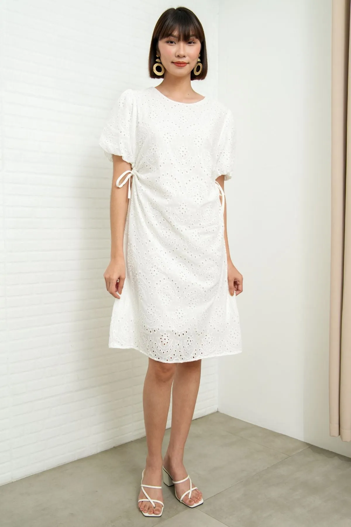 EMMELINE Puff-Sleeve Cut-out Broderie Midi Dress (White)
