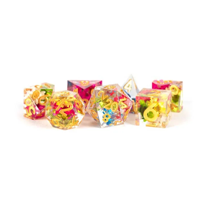 FanRoll: Premium Handcrafted Sharp Edge Inclusion 7-Piece Dice Set - Brazillian Golden Flower