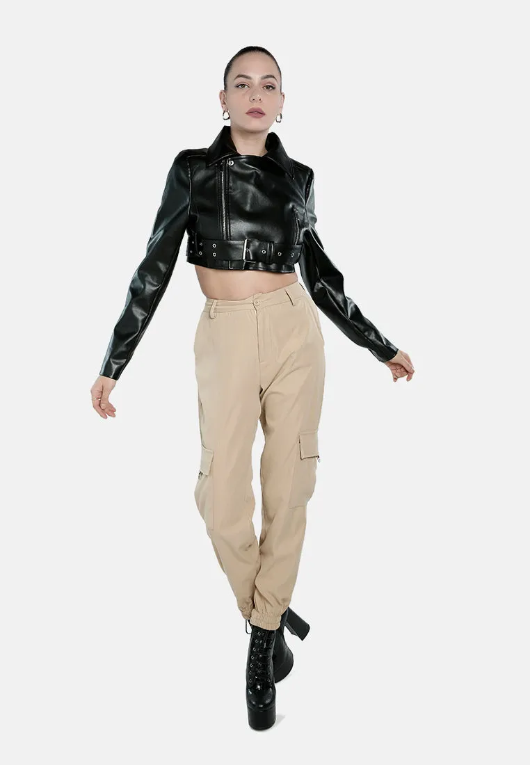Faux Leather Belted Cropped Jacket