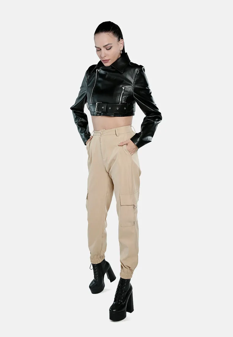 Faux Leather Belted Cropped Jacket