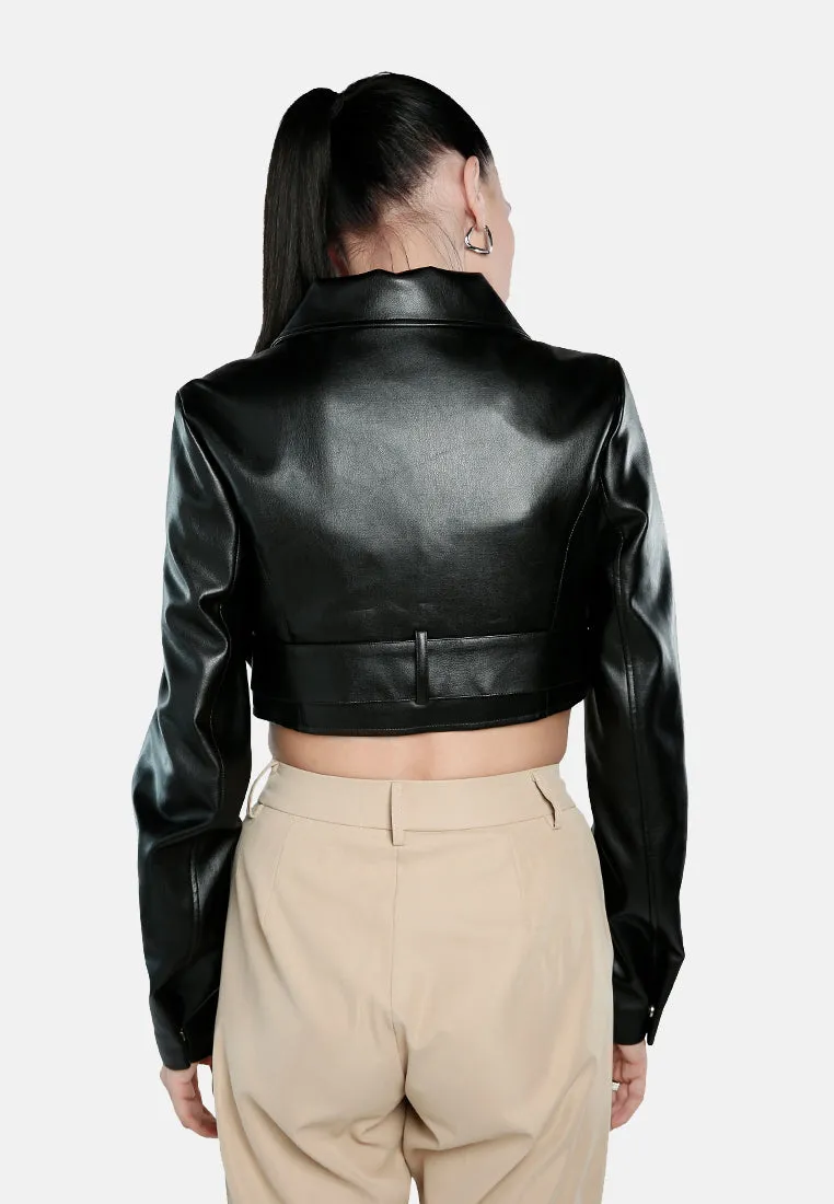 Faux Leather Belted Cropped Jacket