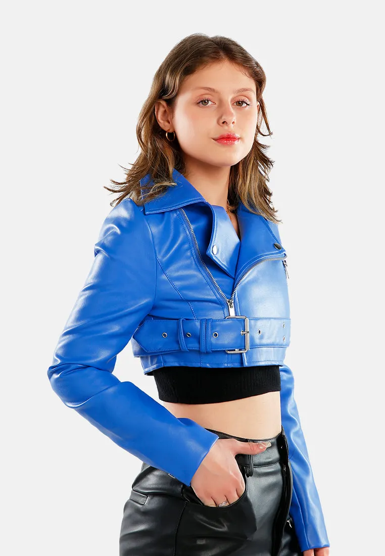 Faux Leather Belted Cropped Jacket
