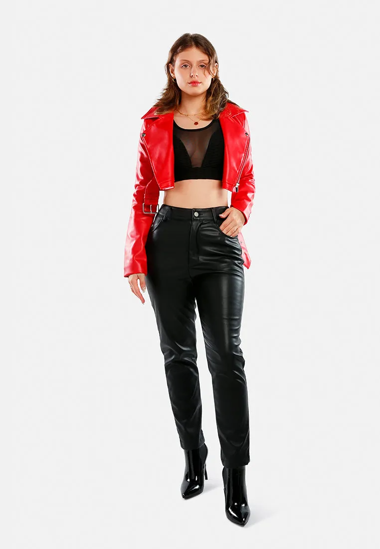 Faux Leather Belted Cropped Jacket