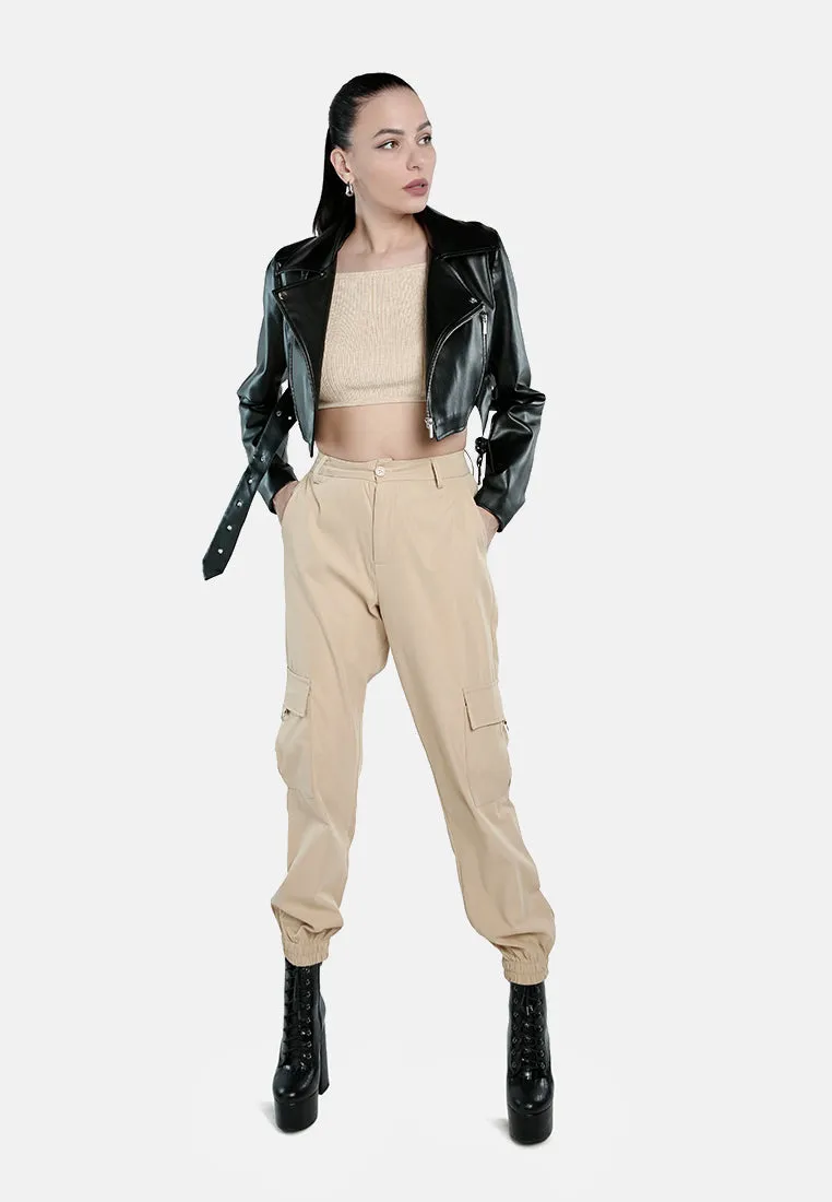 Faux Leather Belted Cropped Jacket