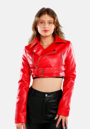 Faux Leather Belted Cropped Jacket