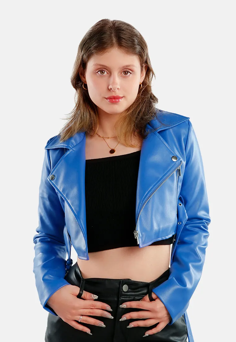 Faux Leather Belted Cropped Jacket
