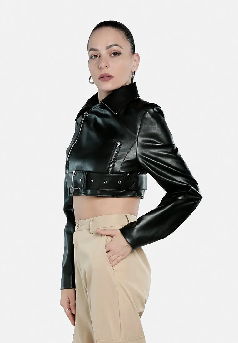 Faux Leather Belted Cropped Jacket