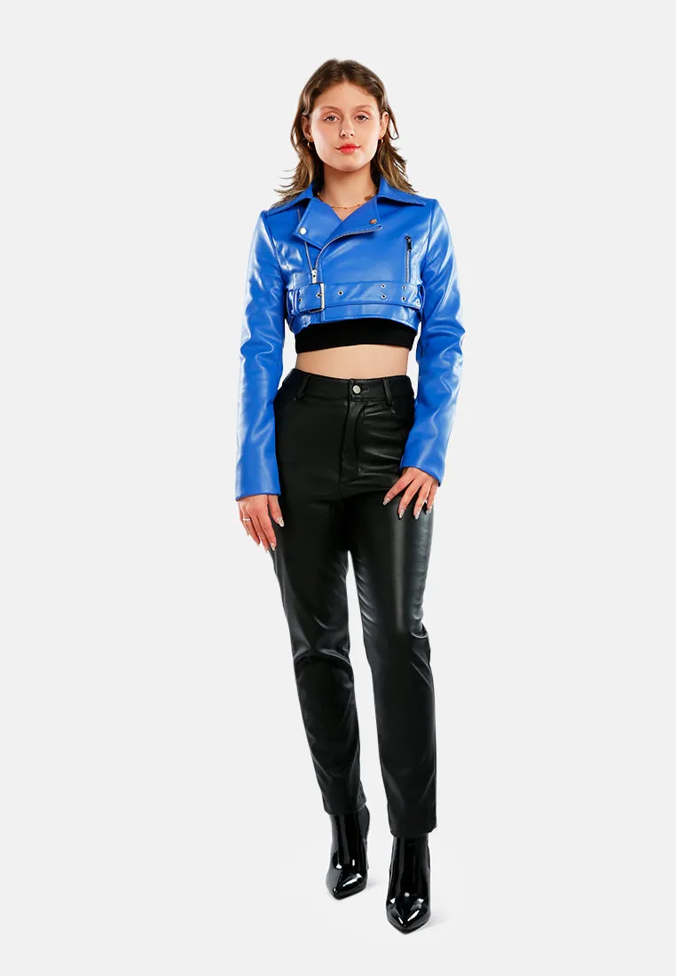 Faux Leather Belted Cropped Jacket