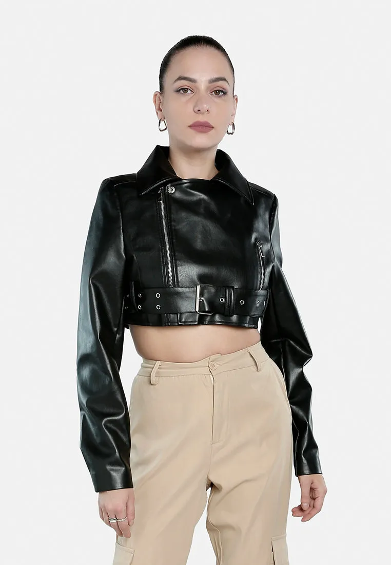 Faux Leather Belted Cropped Jacket