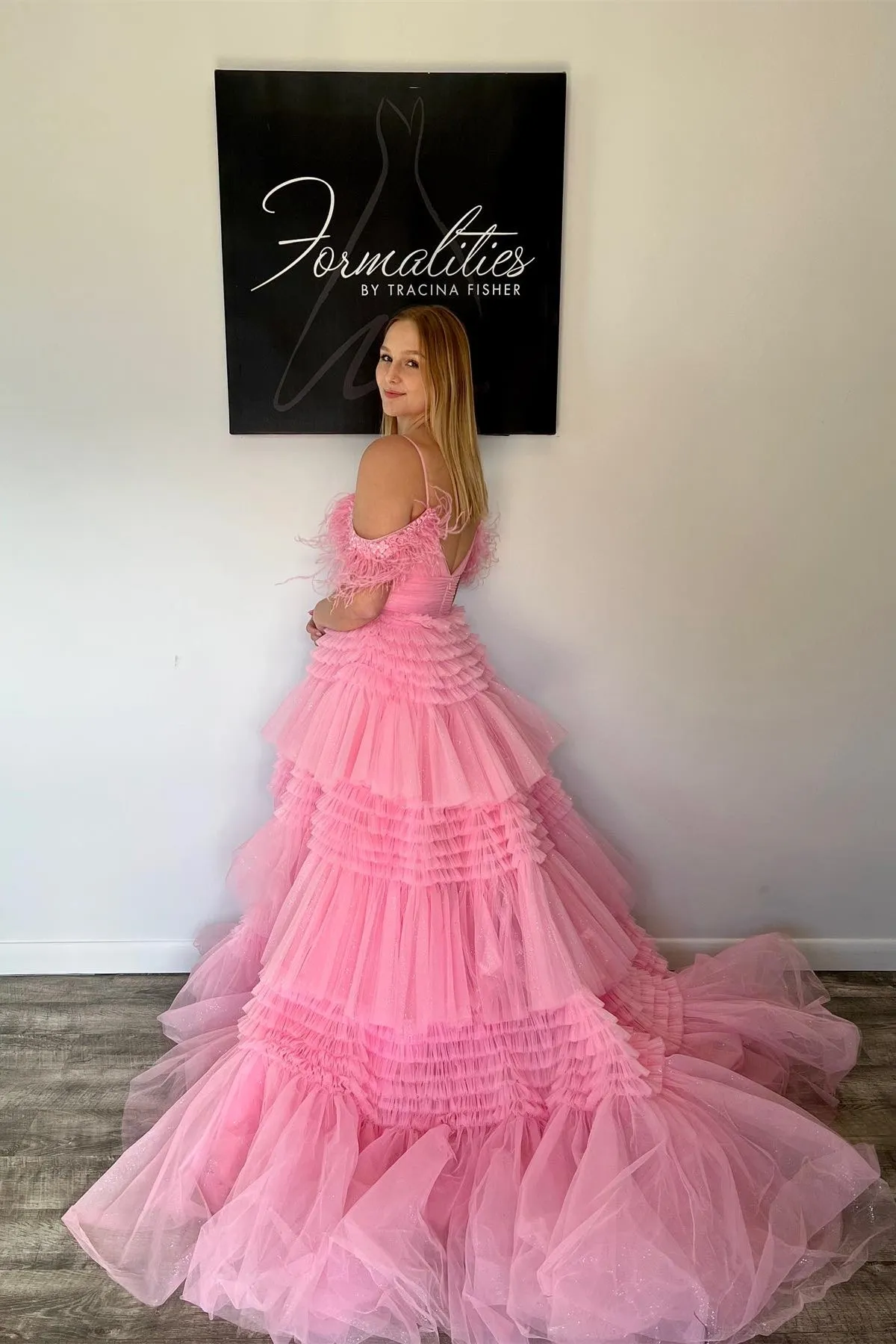 Feather Straps Pink Tiered Ruffle Long Formal Dress
