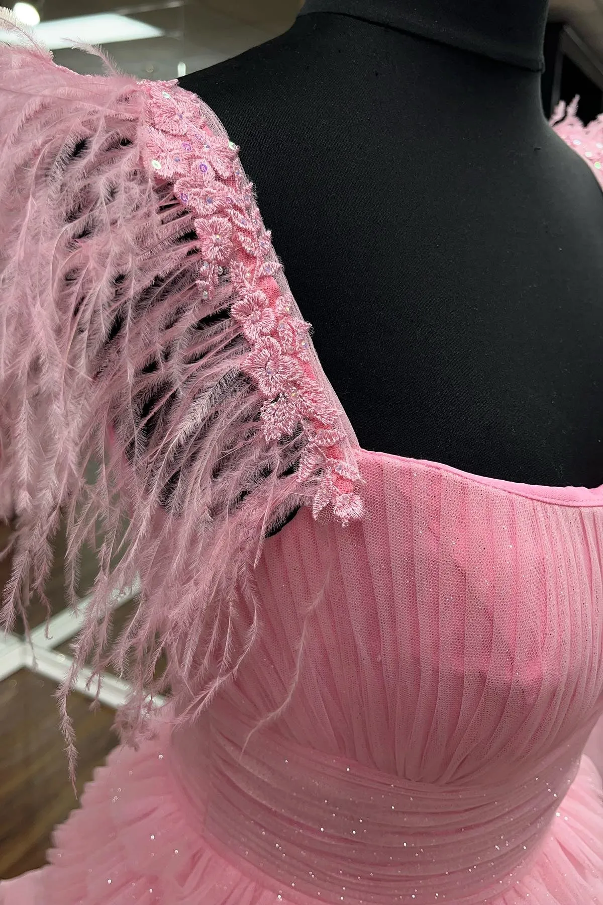 Feather Straps Pink Tiered Ruffle Long Formal Dress