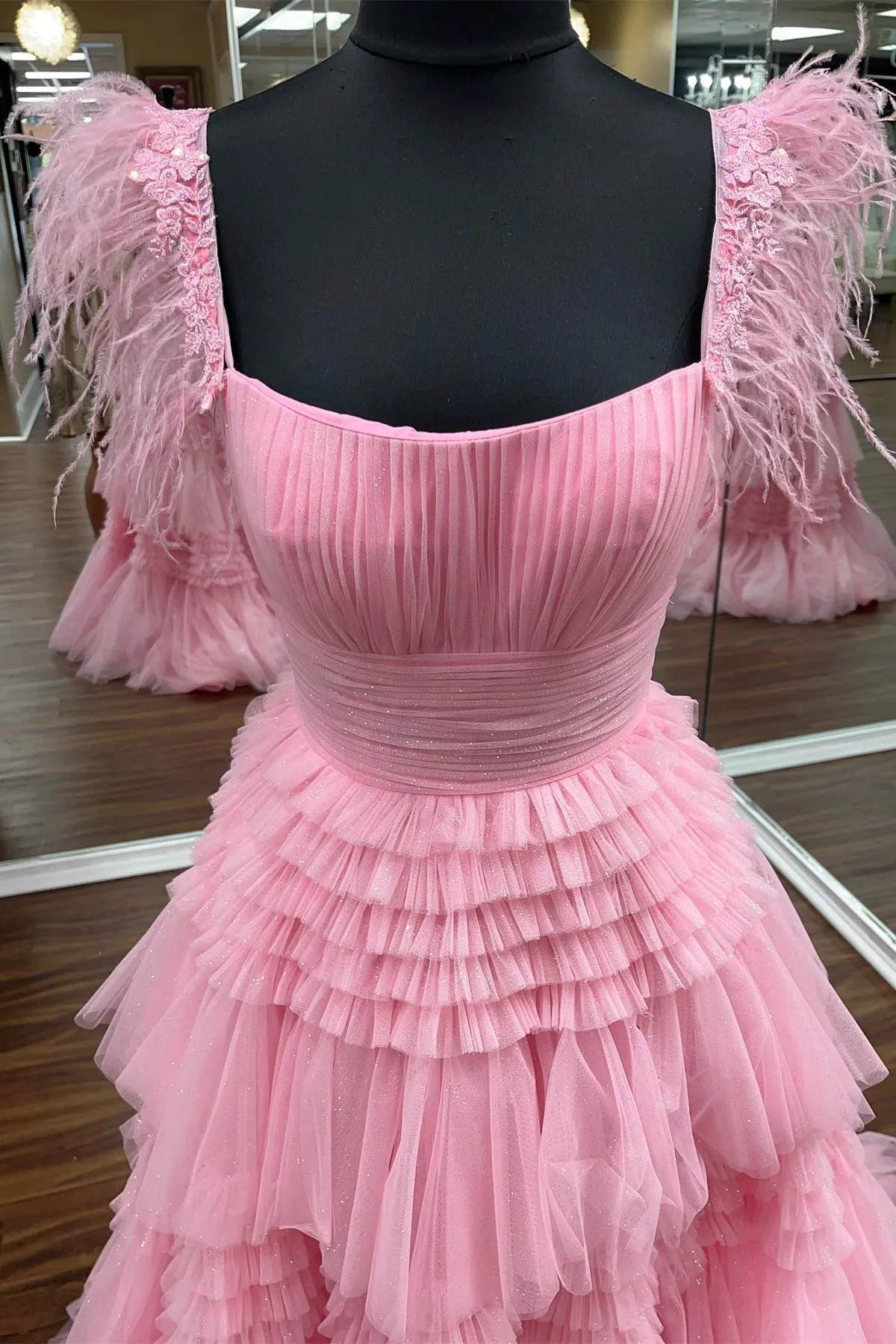 Feather Straps Pink Tiered Ruffle Long Formal Dress