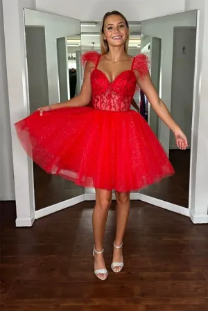 Feather Straps Red Beaded A-line Short Homecoming Dress