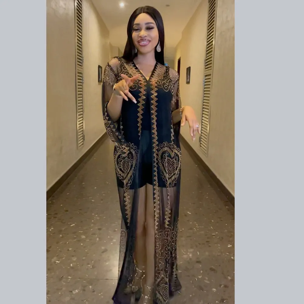 Floor-Length Mesh Fabric Rhinestone Fashion Robe Dresses